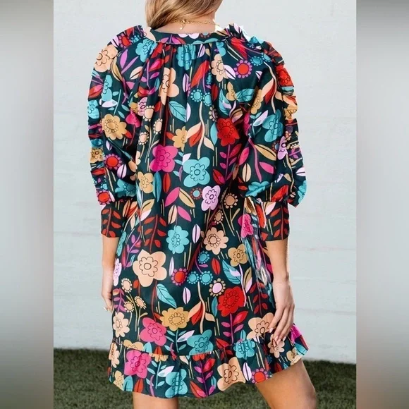 NWT! Green Floral Print Puff Sleeve Ruffled Mini Dress boho retro layered SZ S - Picture 5 of 15